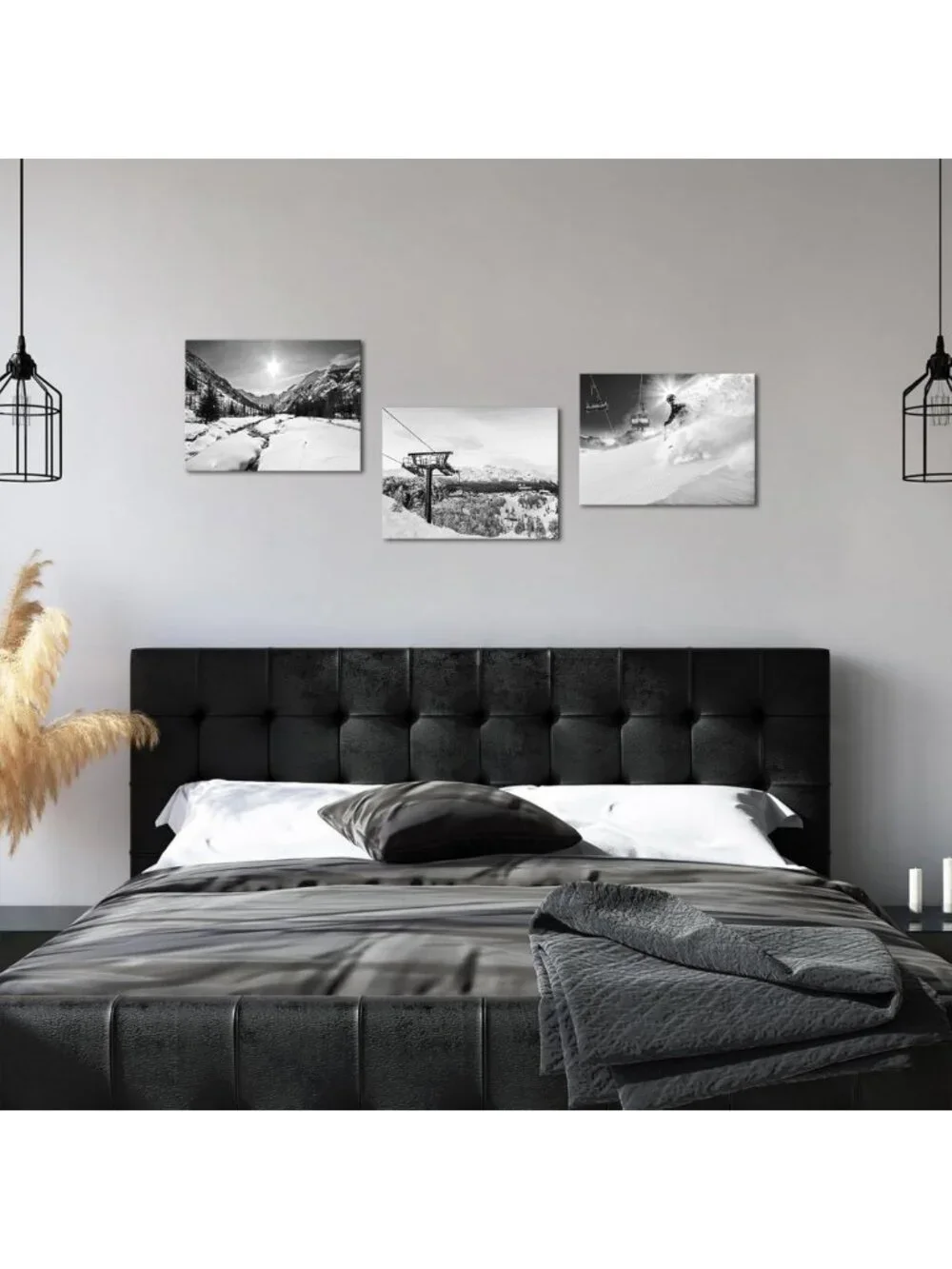 3 Piece Ski Lift Canvas Wall Art Set - Black & White Winter Mountain Decor